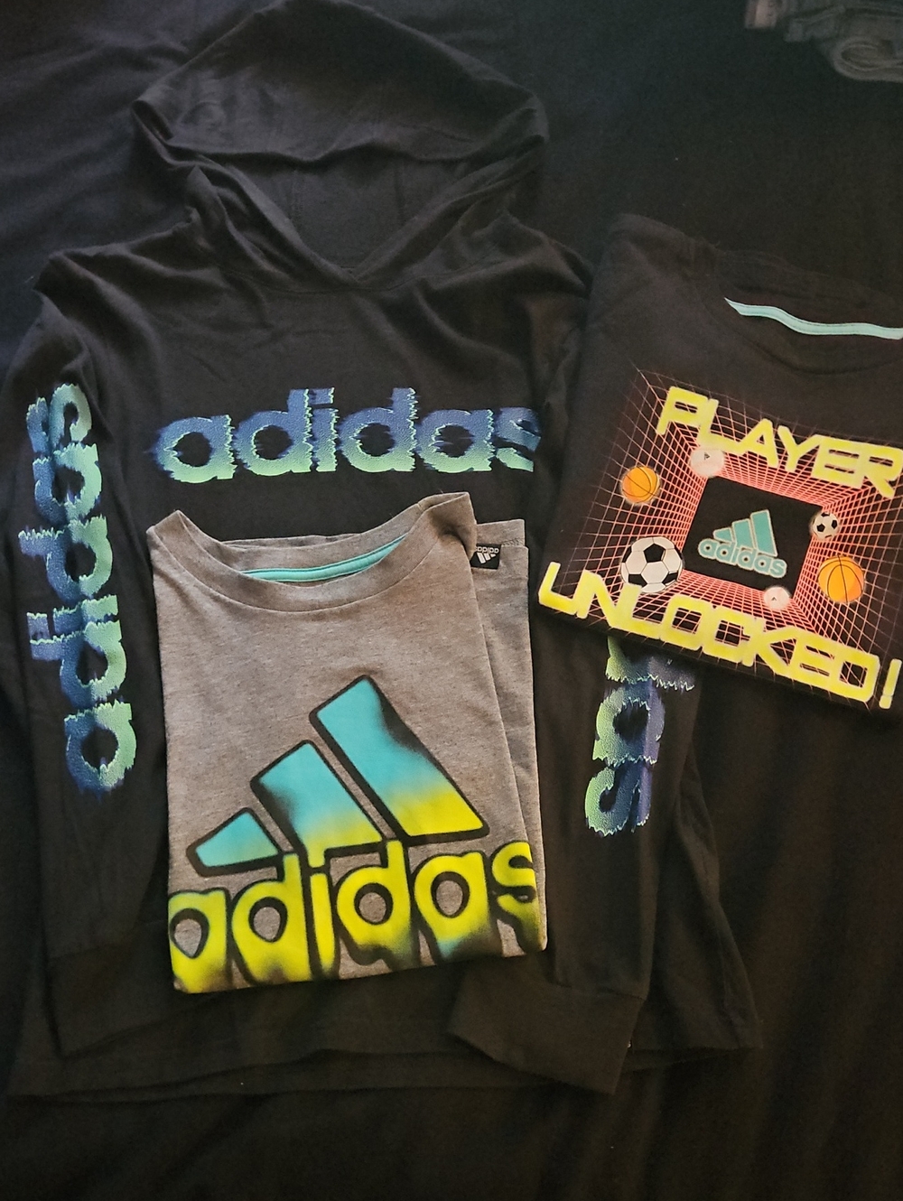 3 adidas Kids Black Hoodies & Tees with Blue, Teal and Yellow Logo Accents